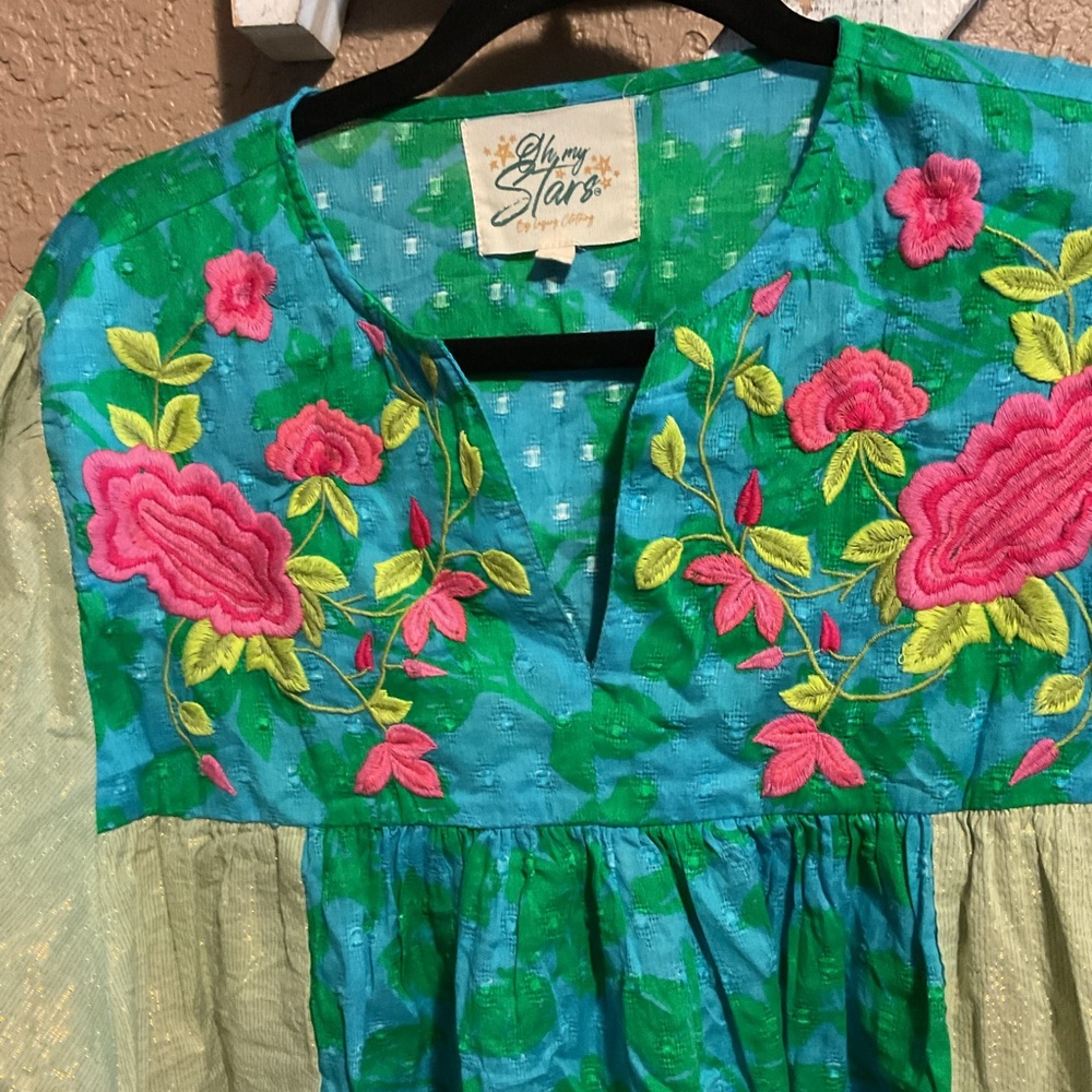 Oh My Stars by Layerz Clothing Rowan Top Green Aqua Gold Metallic Women’s Large - Picture 2 of 3